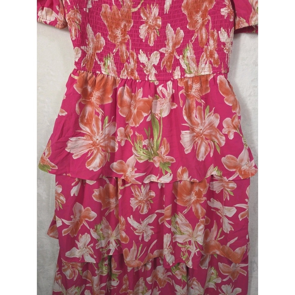 NWT BTFBM Pink Floral Smocked Maxi Dress Puff Sleeve Tiered Boho Women's L - Picture 5 of 12